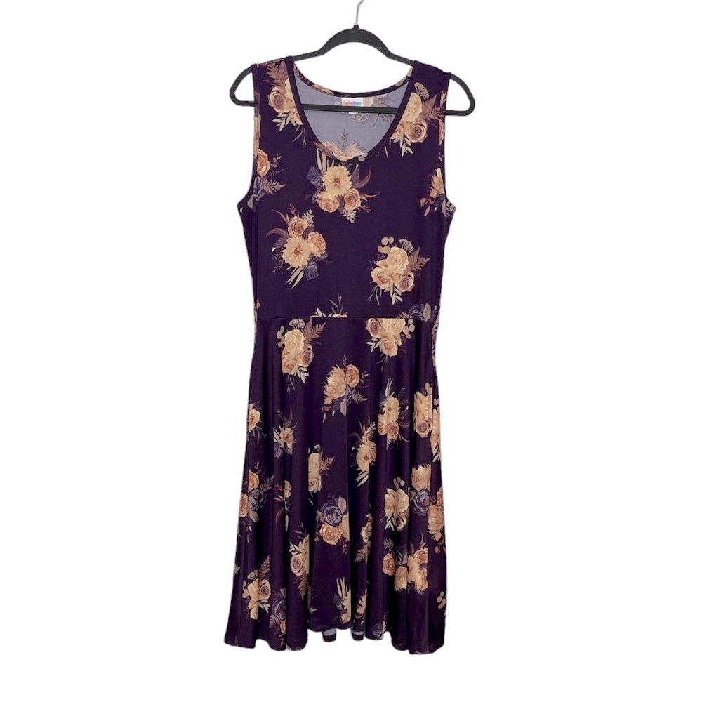 Lularoe Lightweight Plum Purple Floral Print A-Line Midi Dress - With Pockets!